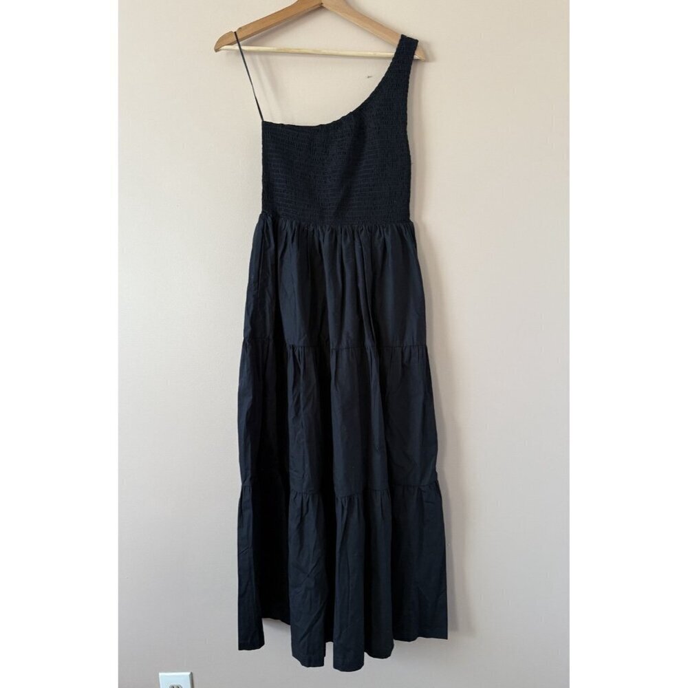 O.P.T Black Milada Smocked One Shoulder Tiered Midi Dress Feminine Date Night L